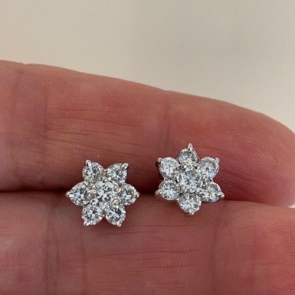 DIAMOND ROUND BRILLIANT FLOWER STUD EARRINGS 1.4CT - Picture 12 of 16